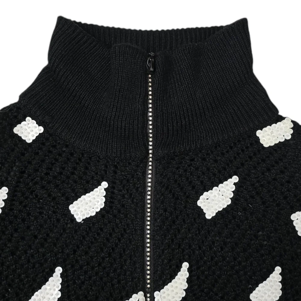 Women's Gardy Cardigan Knit Sweater Black Knit White Sequins Rhinestone Zipper L - Picture 7 of 13